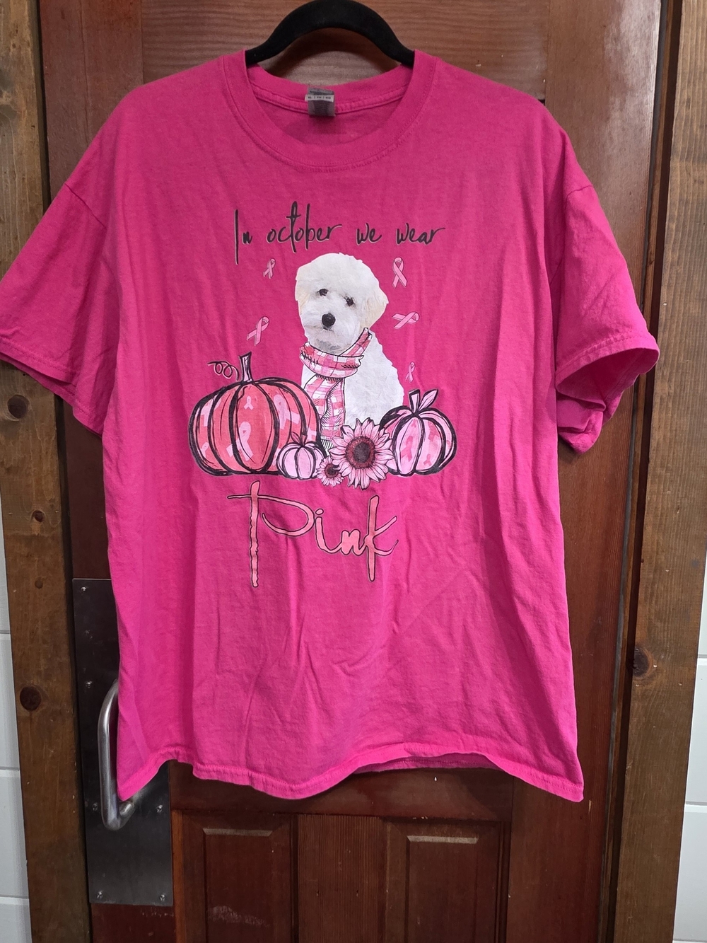 Gildan Hot Pink 'In October We Wear Pink' Dog & Pumpkin Graphic Tee